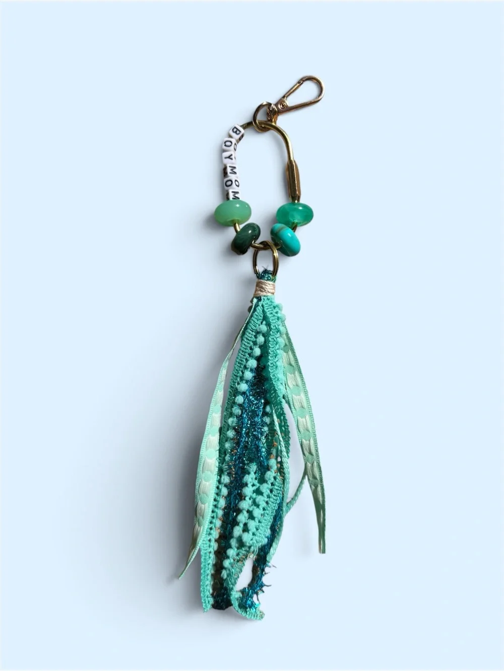 Blue/green BOYMOM handmade Tassel Keychain / bag charm with Green and blue Beads
